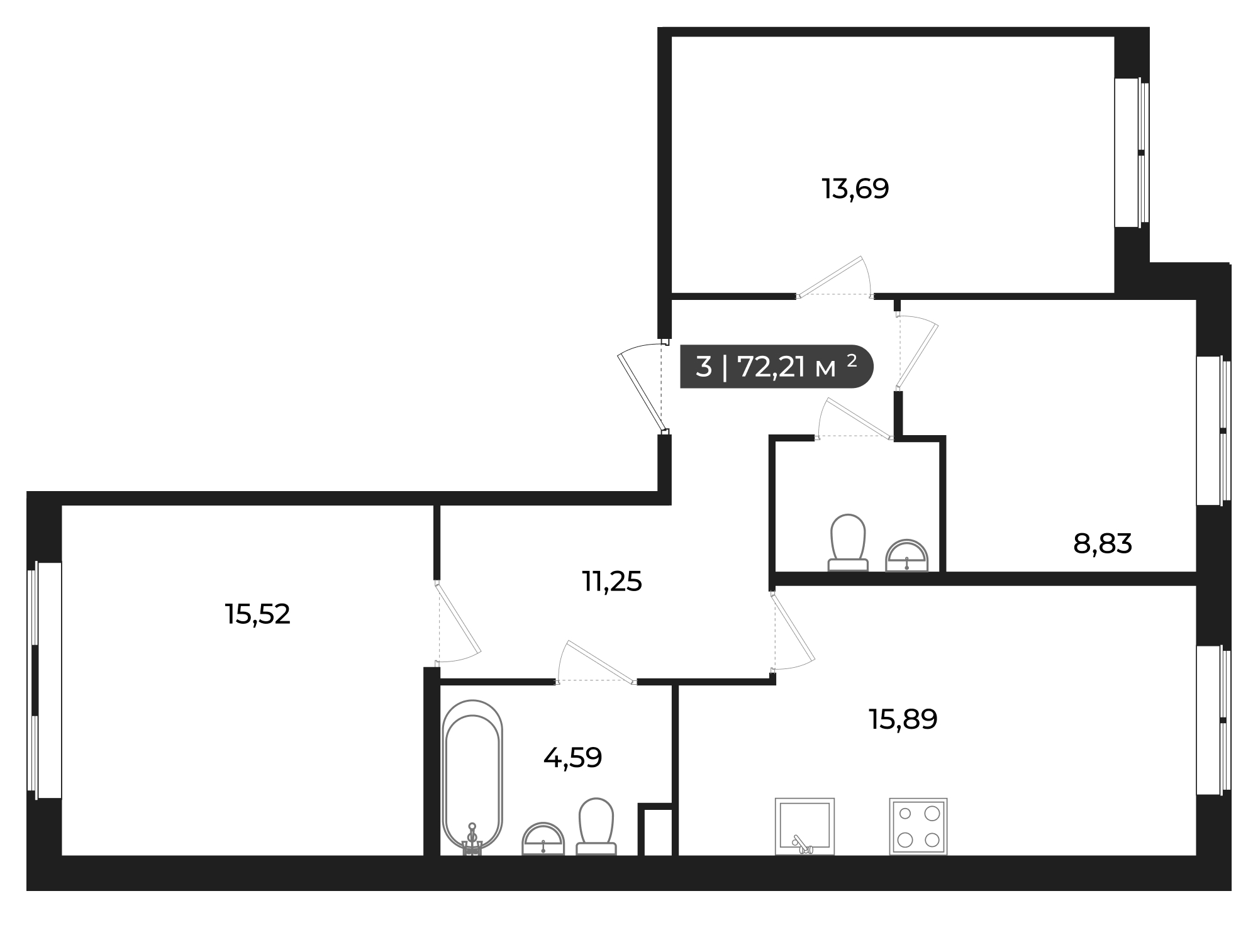 3-комнатная квартира 72.21 м², 1/8 эт., ЖК «SERTOLOVO PARK»